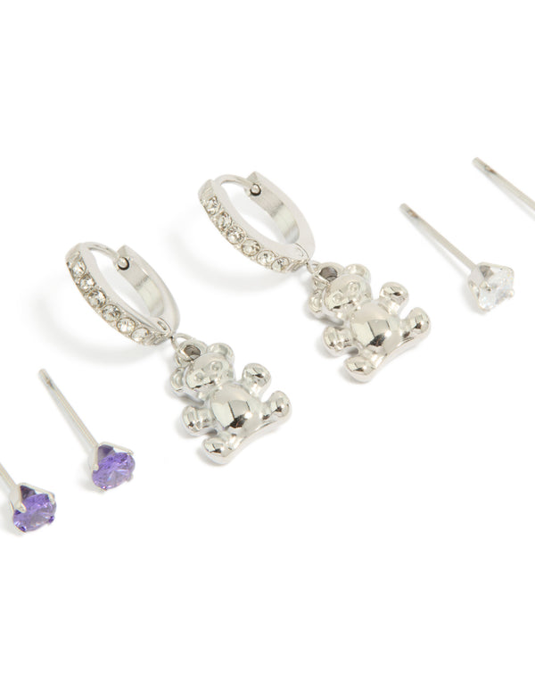 Tweens Stainless Steel Cubic Zirconia Bear Stacker Earrings 3-Pack
