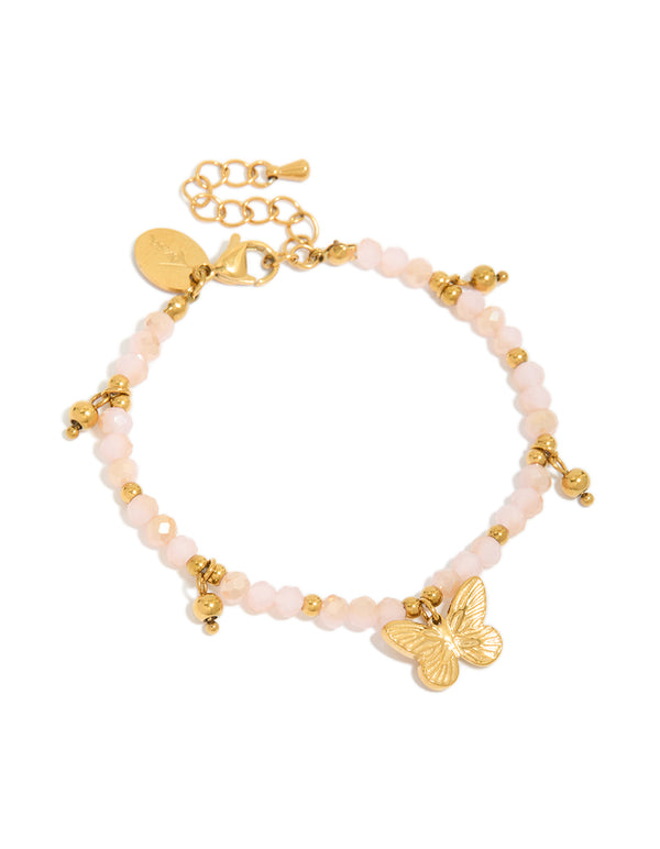 Tweens Gold Plated Stainless Steel & Pink Facet Beaded Butterfly Charm Bracelet