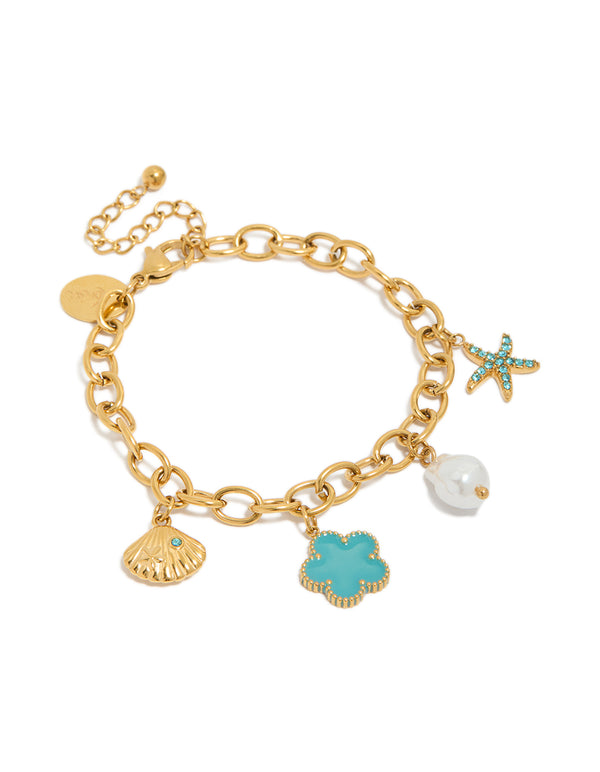 Tweens Gold Plated Stainless Steel Sea & Flower Charm Bracelet