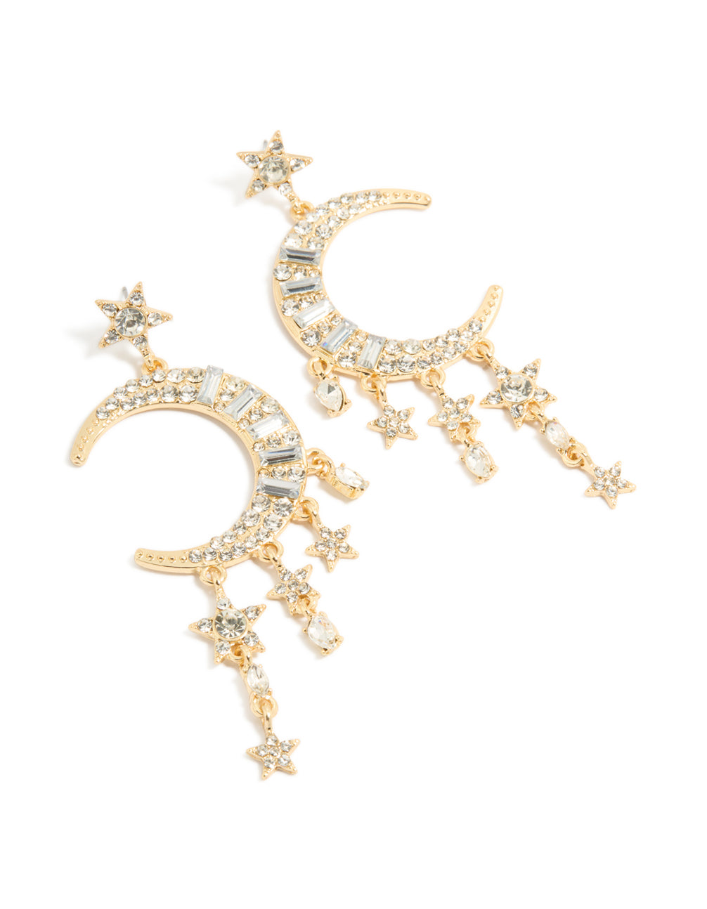Showcasing statement style gold diamante celestial drop earrings with charm details front view
