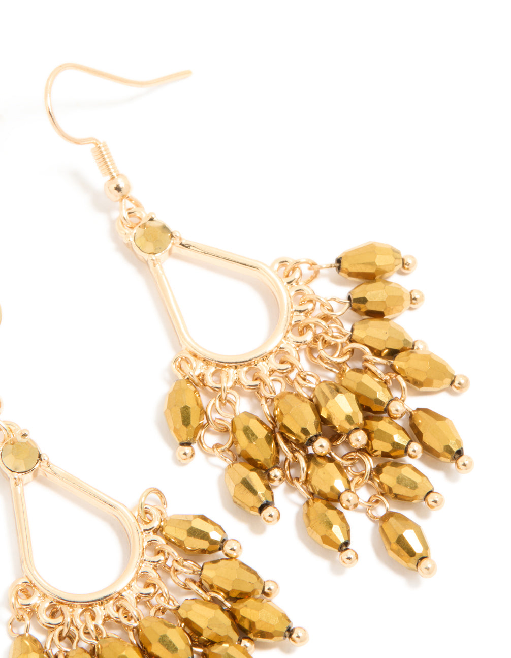 Highlighting gold irregular beaded drop earrings in statement style with charm design post detail view