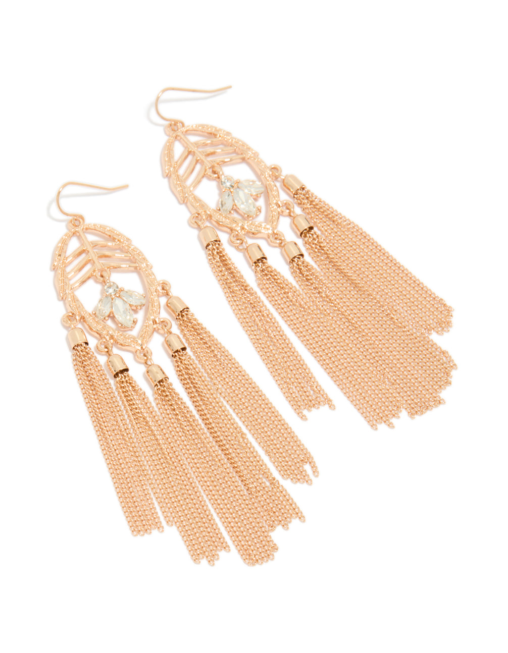 Showcasing statement charm tassel drop earrings in gold with leaf and clear diamante details front view