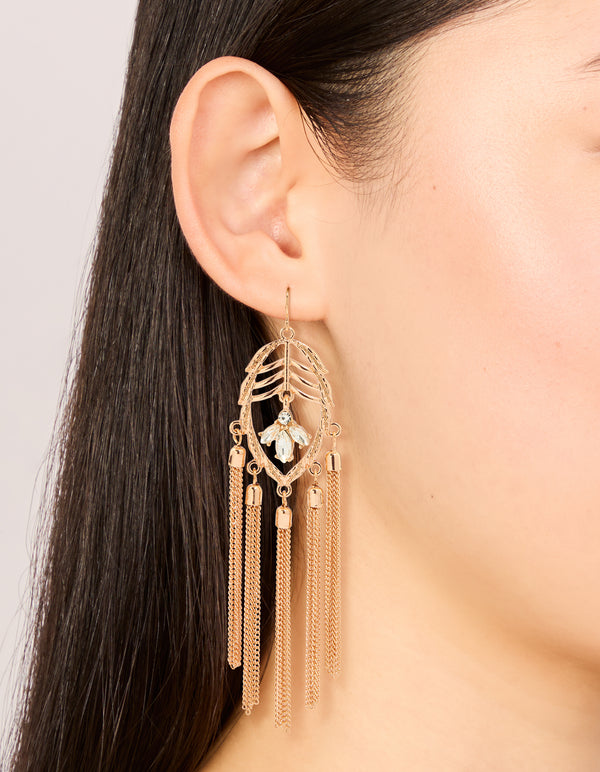 Gold Leaf Diamante Tassel Drop Earrings