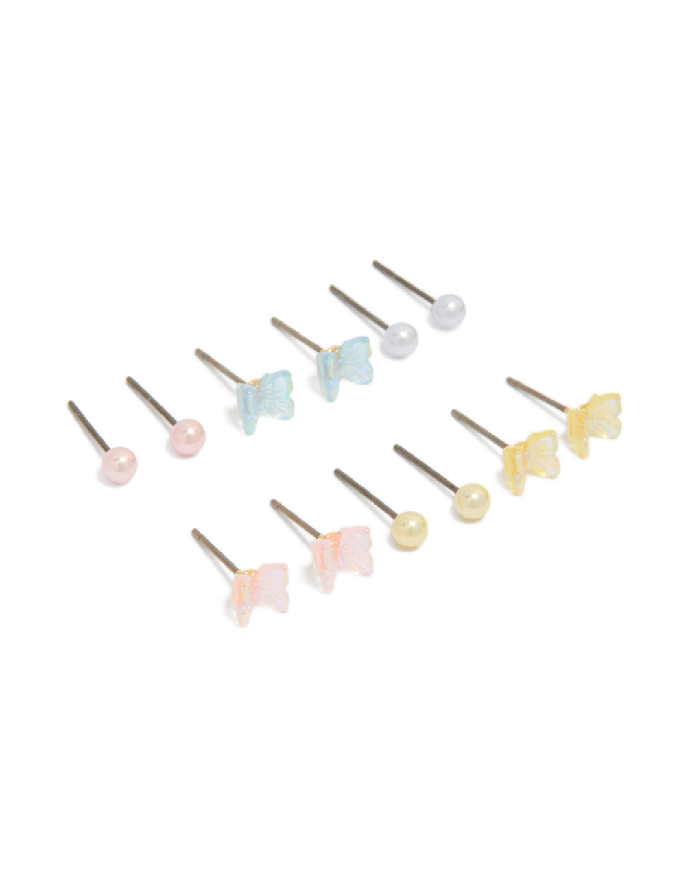 Kids silver pearl and butterfly stud earrings 6-pack featuring light pink, blue, and yellow accents front view