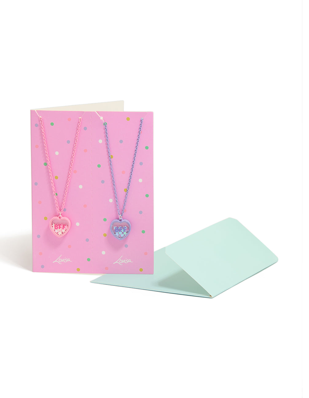 Discover kids coated metal glitter heart pendant best friends necklaces in pink purple lavender 2-pack front view