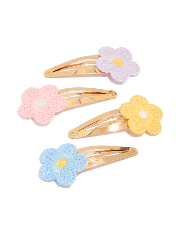 Showcasing kids pastel crochet flower snap clips in a 4-pack, featuring floral design with gold plated material in pink, lavender, yellow, and light blue front view