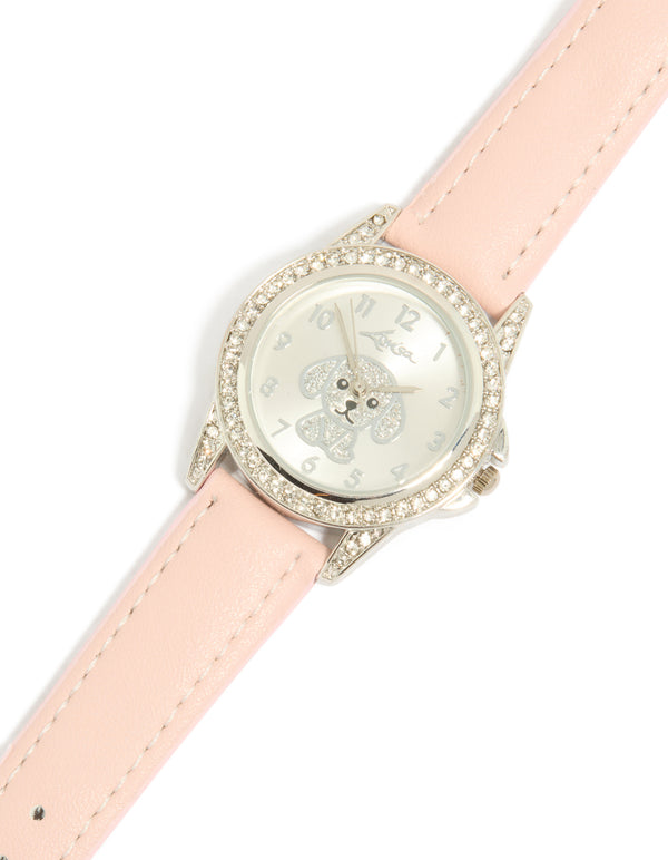 Kids Pink PU Leather Silver Diamante Dog Watch