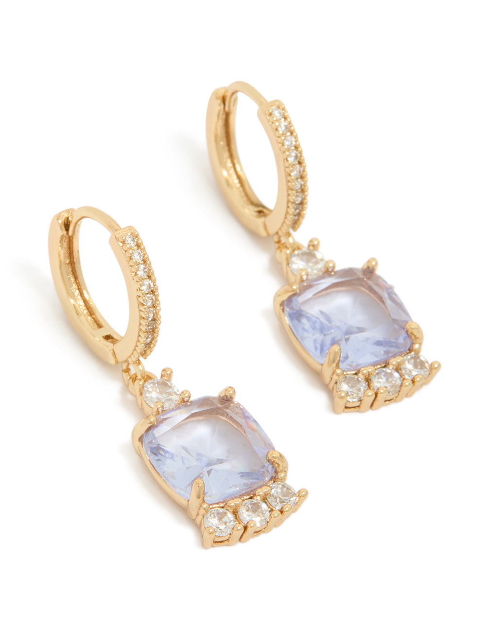 Showcasing gold purple cubic zirconia square huggie earrings with lavender and clear stones in a front view