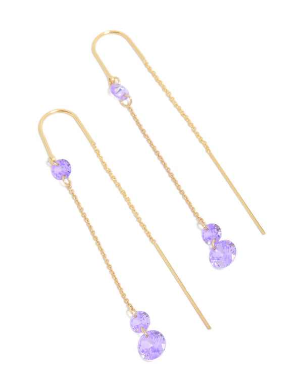 Showcasing statement drop thread through hook earrings crafted from gold plated material with purple cubic zirconia stones front view