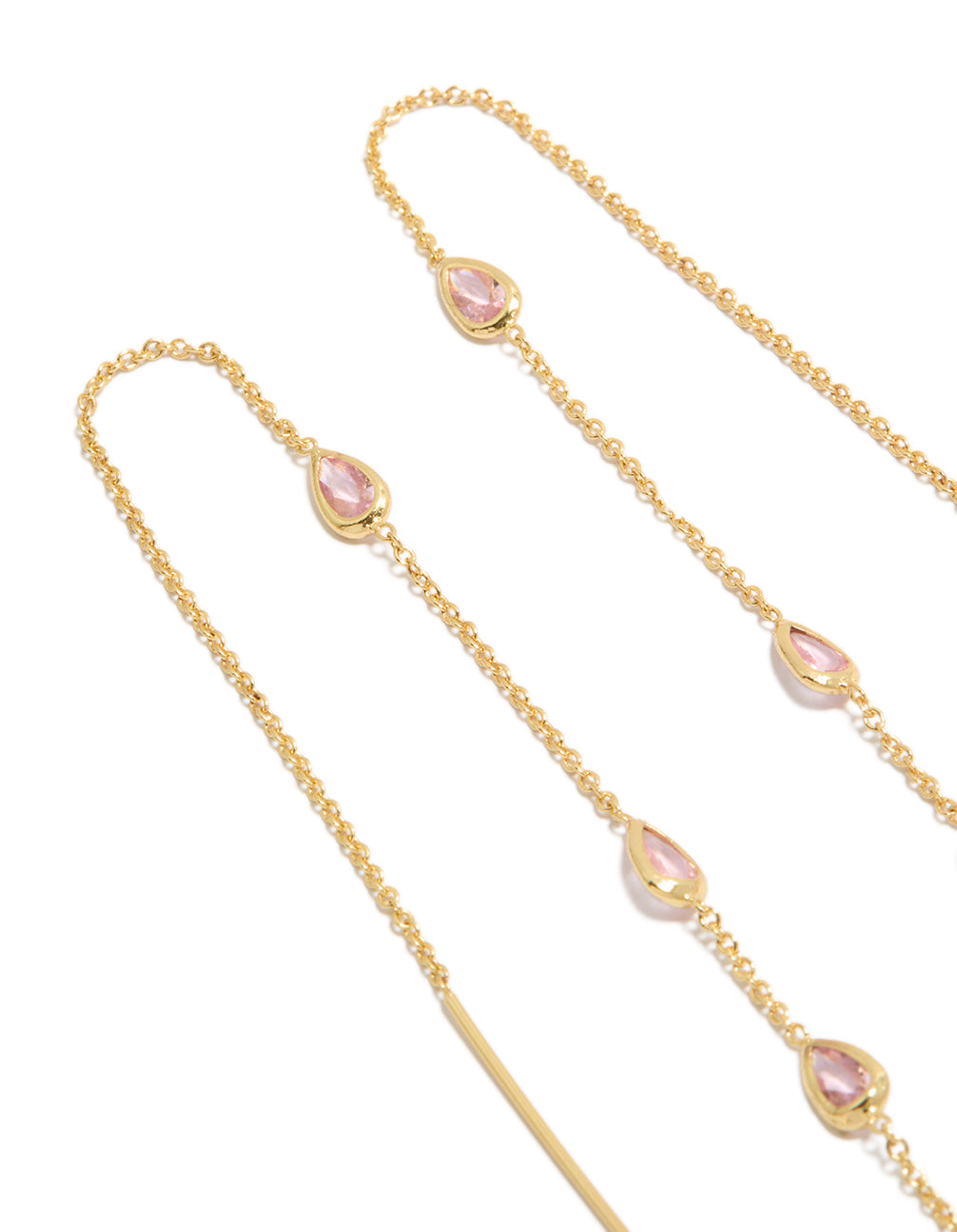 Designed with these gold plated threader earrings showcase pear shape pink diamante stone station accents in close up view