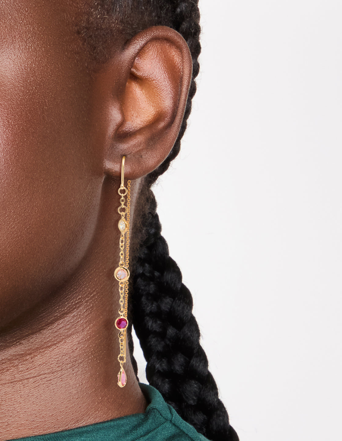 Elegant gold plated thread through drop earrings with pink and clear cubic zirconia on ear view