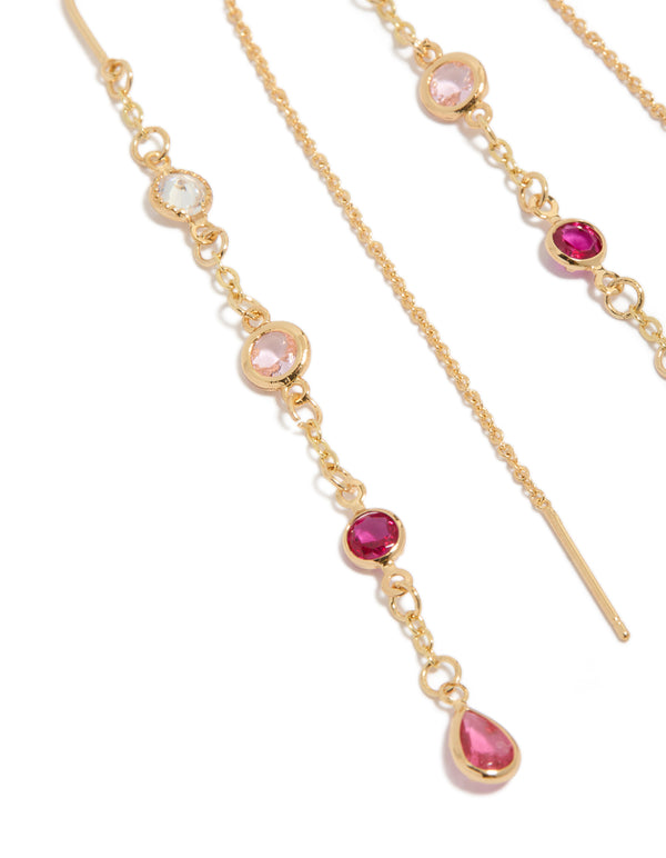 Elegant gold plated pink and clear cubic zirconia thread through drop earrings close up view
