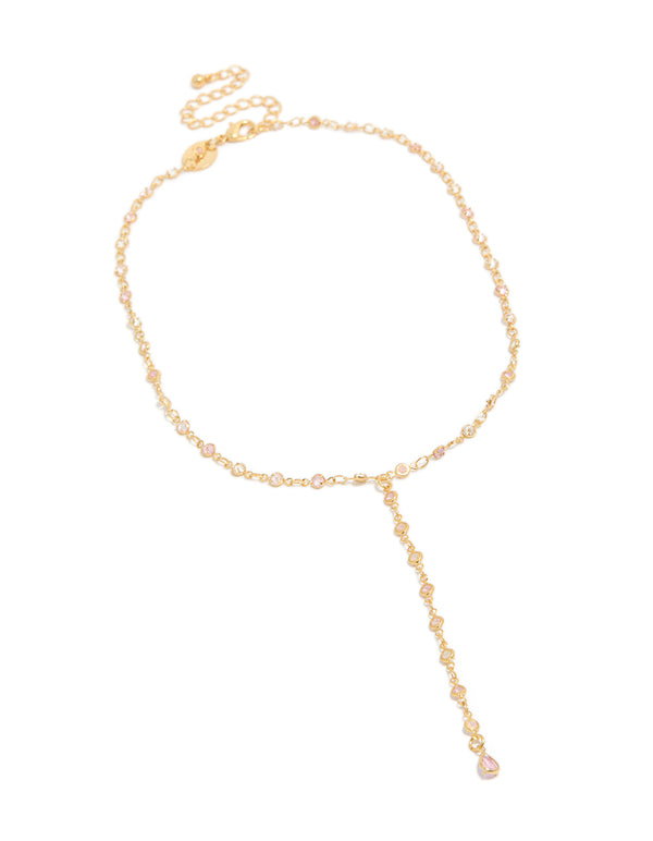 Beautifully designed pink and clear cubic zirconia circles Y-necklace in gold plated metal with statement dainty style front view