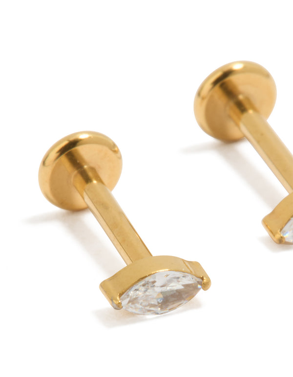 Designed with gold plated surgical steel stud earrings featuring marquise cut cubic zirconia and flat back closure close up view
