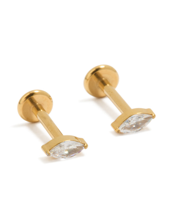 Crafted from gold plated surgical steel stud earrings featuring marquise cut cubic zirconia with flat back closure front view