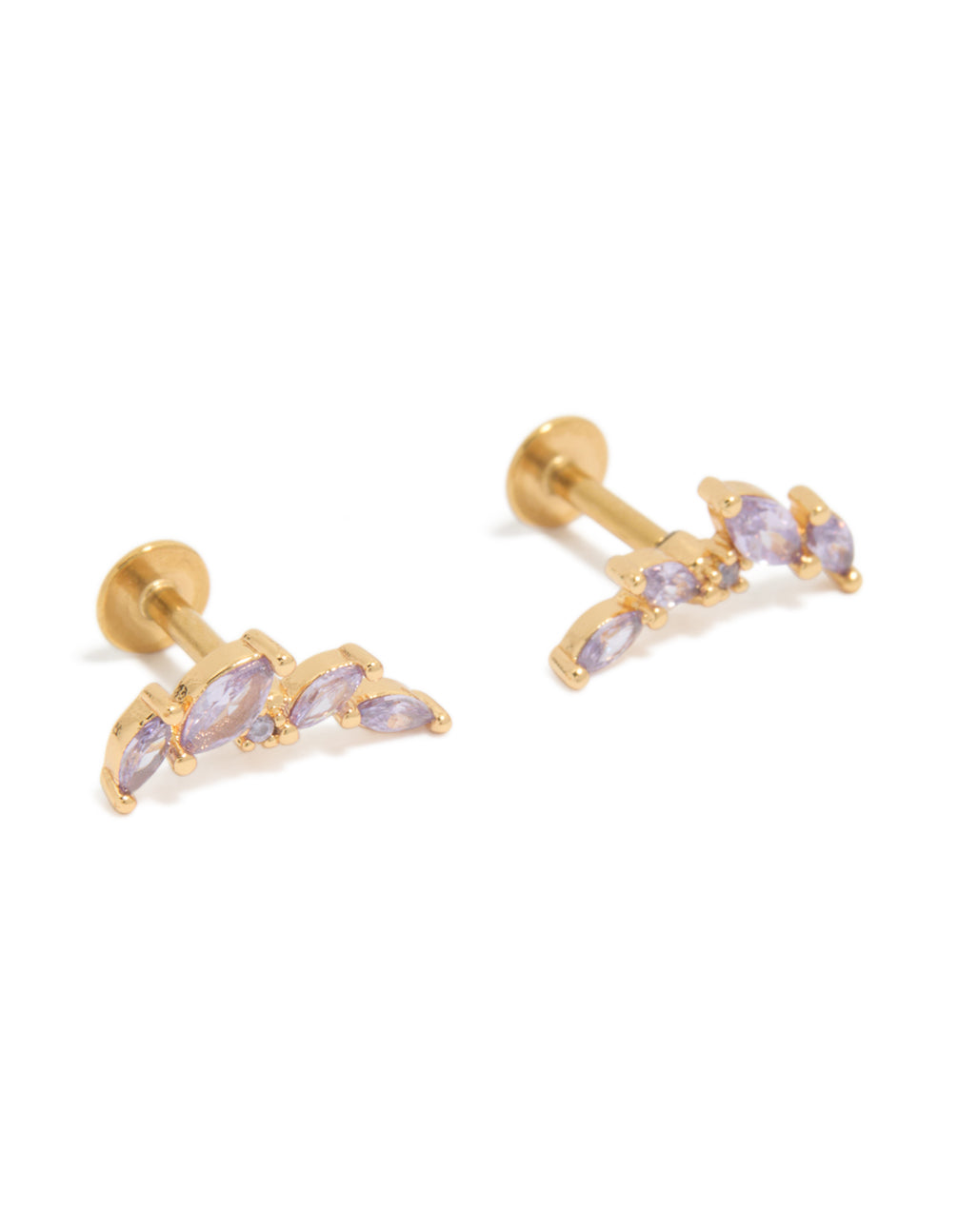 Featuring gold plated surgical steel purple cubic zirconia crawler studs with flat back closure front view