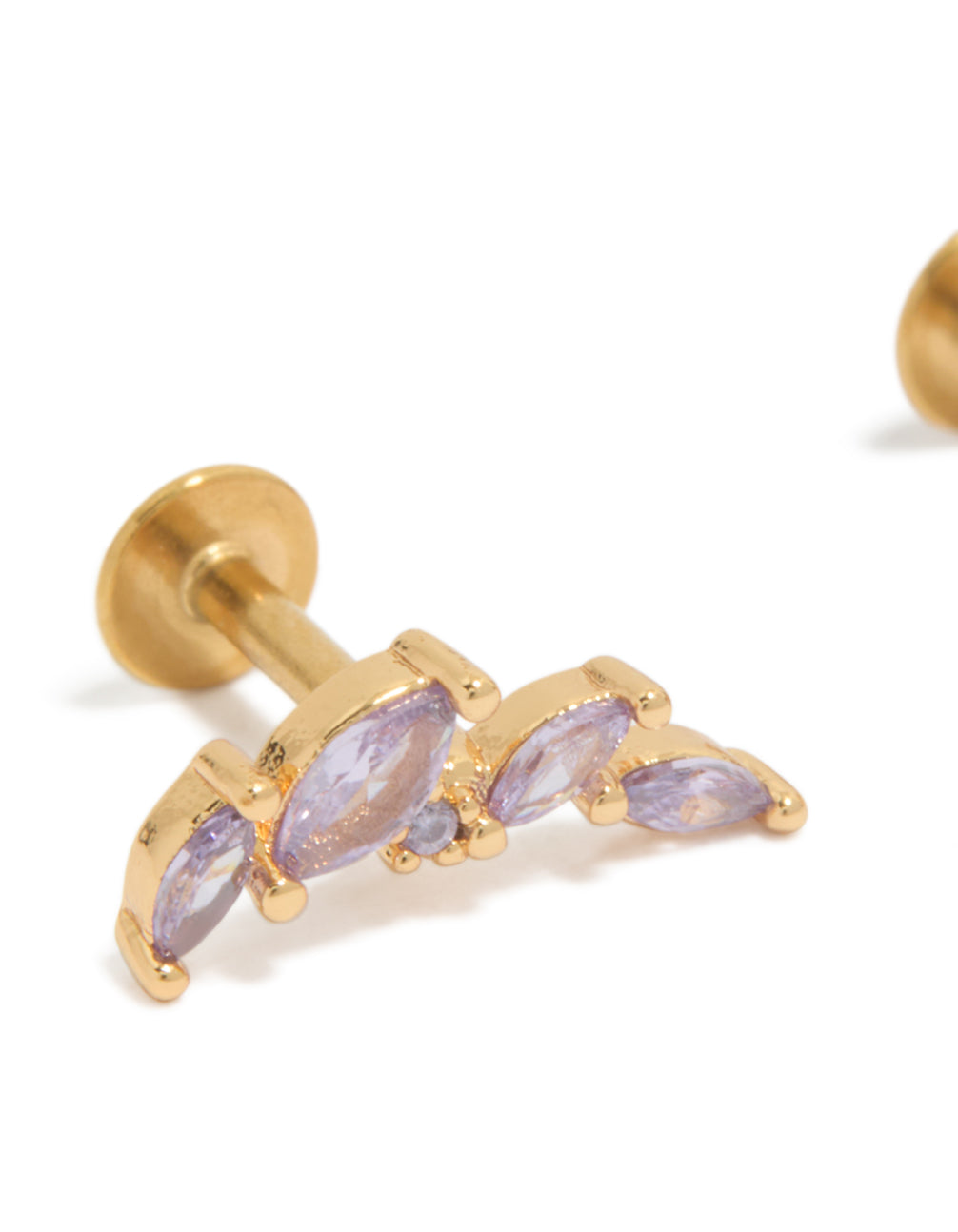 Crafted from gold plated surgical steel with purple cubic zirconia crawler studs and flat back closure close up view