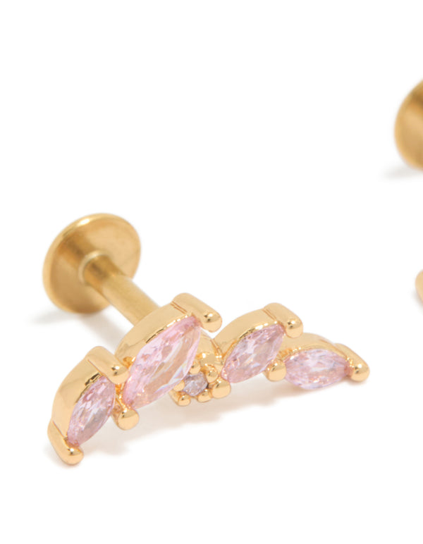 Elegant crawler style stud earrings featuring surgical steel with pink cubic zirconia in a flat back closure close up view