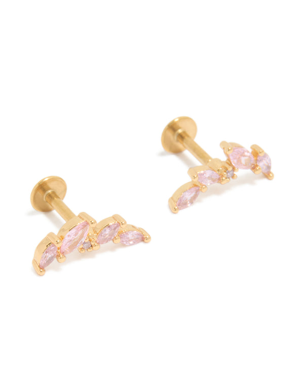 Discover crawler style stud earrings crafted from surgical steel with pink cubic zirconia in a flat back closure front view