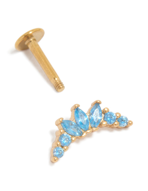 Showcasing the post detail of a surgical steel earring with gold plating, marquise-cut sky blue cubic zirconia crystals, and flat back closure post detail view