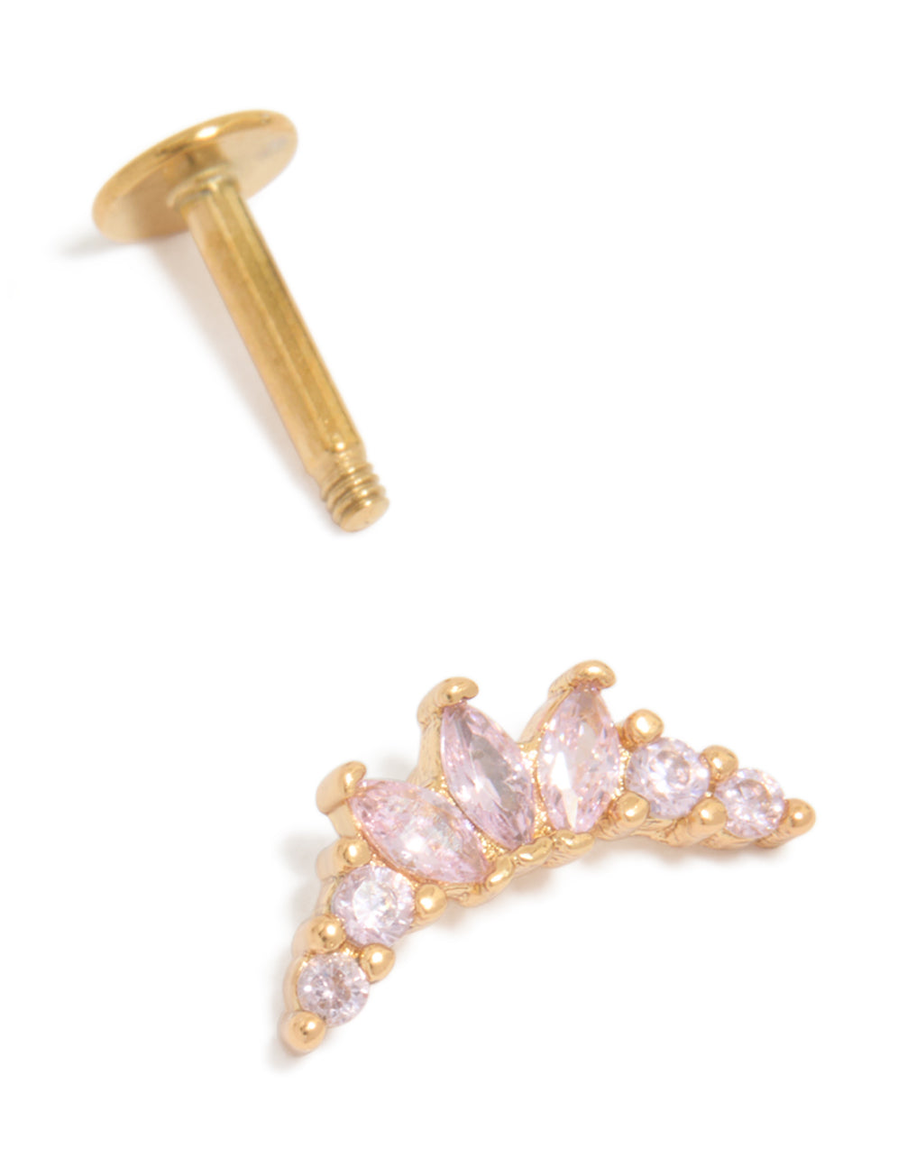 This single flat back stud in gold plated surgical steel with chunky light pink cubic zirconia post detail view