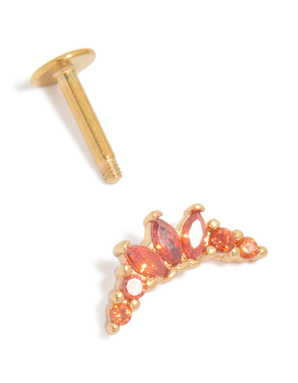 Detailed view of gold plated surgical steel red cubic zirconia marquise flat back single stud earring showcasing post detail view