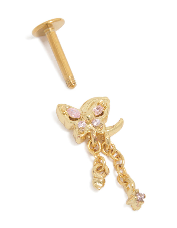Featuring a gold plated surgical steel pink cubic zirconia chain single butterfly flat back stud with charm and crystal elements post detail view