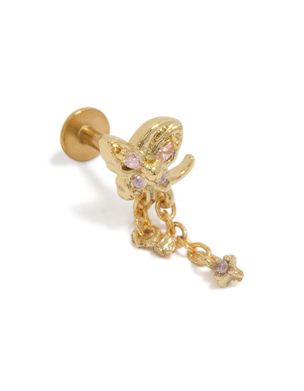 Showcasing a gold plated surgical steel pink cubic zirconia chain single butterfly flat back stud with charm and crystal details front view