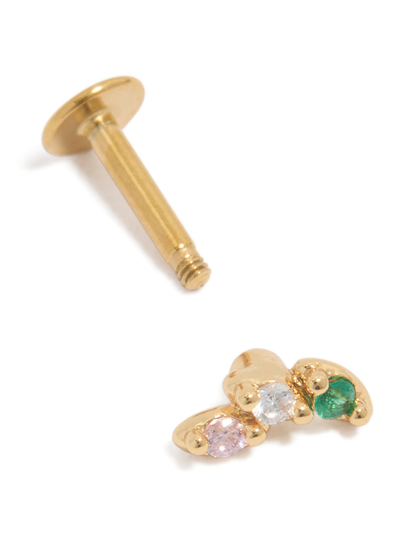 Elegant crawler style charm with cubic zirconia stones in pink, clear and teal on gold plated surgical steel, displaying flat back closure post detail view
