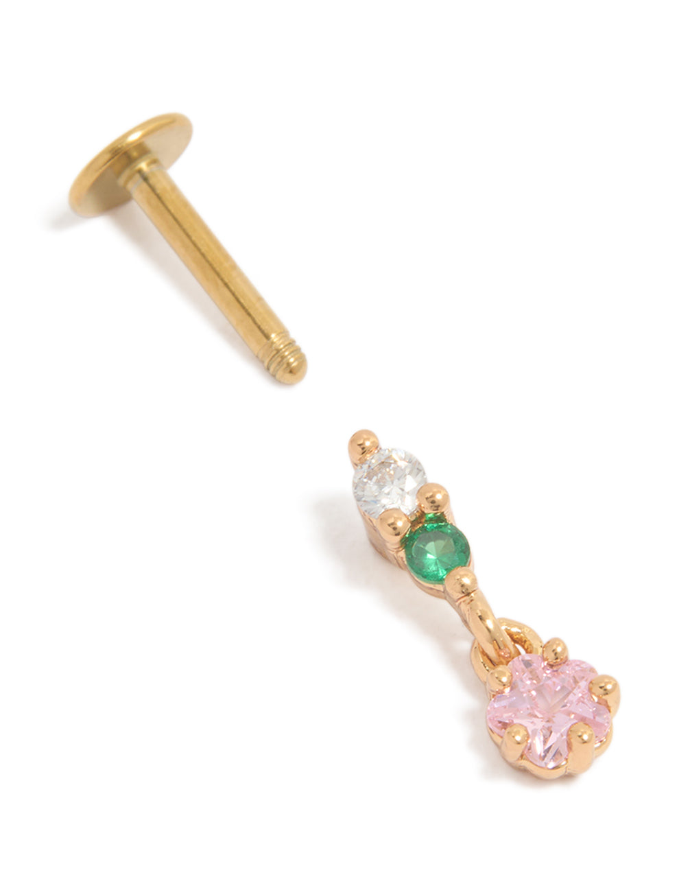 Crafted from surgical steel circle drop stud featuring cubic zirconia stones in pink, green, and clear with gold plated flat back closure post detail view