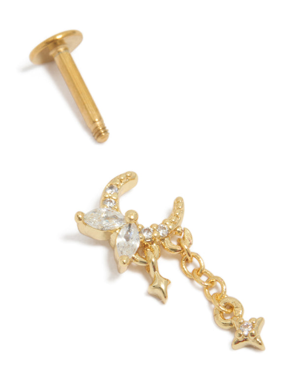 Featuring celestial charm with moon and star adorned with cubic zirconia in surgical steel gold plated flat back stud closure post detail view