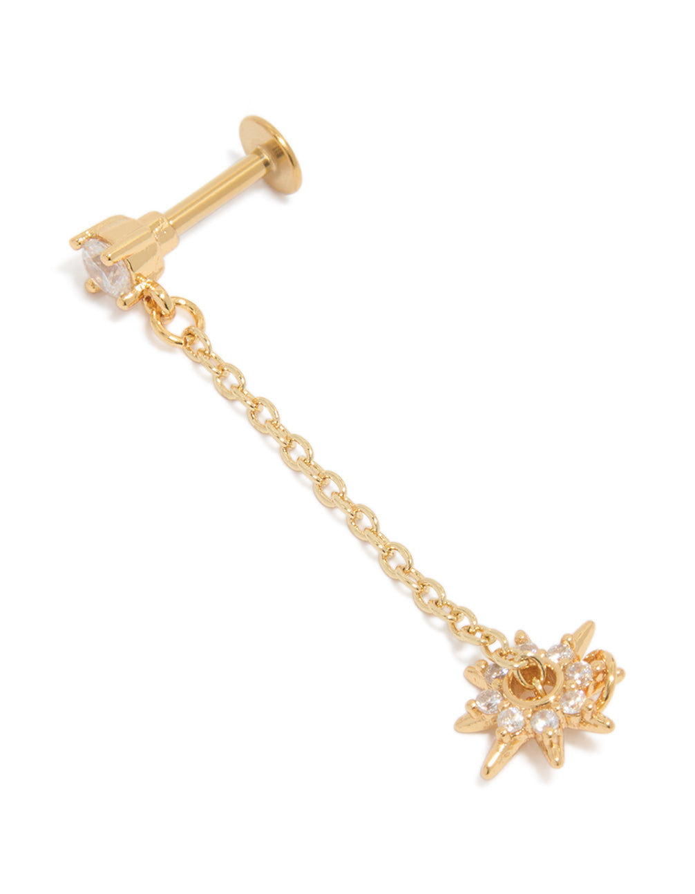 Discover celestial with star drop chain design crafted from surgical steel featuring cubic zirconia stones and flat back closure in gold front view