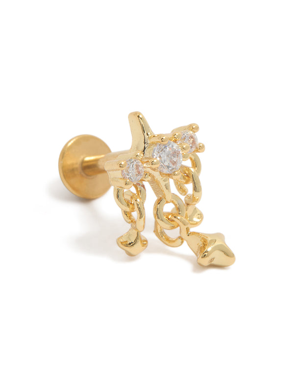 Showcasing a celestial star charm stud featuring cubic zirconia stones, crafted from gold plated surgical steel with flat back closure front view