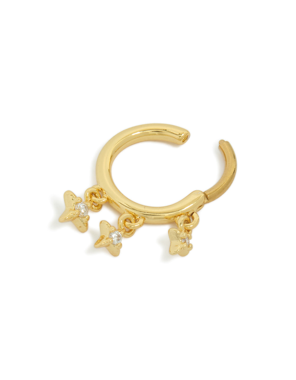 This celestial star charm clicker ring with cubic zirconia in gold plated surgical steel features dainty style detail view