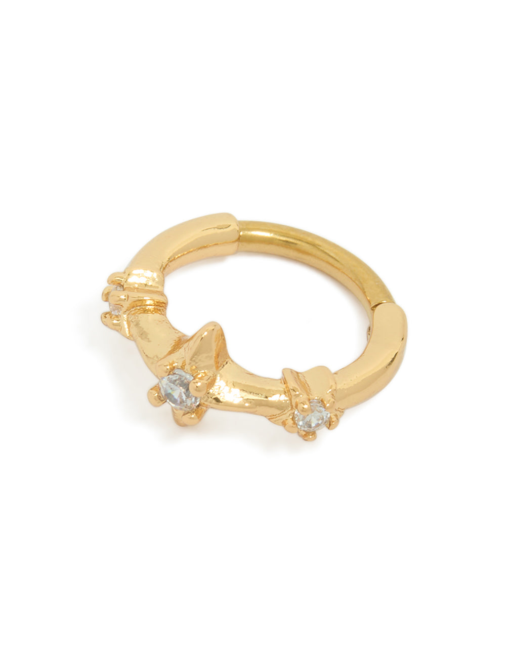 Showcasing a gold plated surgical steel clicker ring featuring multi celestial star with cubic zirconia stones detail view