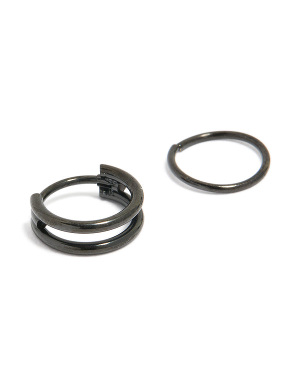 Introducing black coated surgical steel double hinged and plain nose rings pack with front view