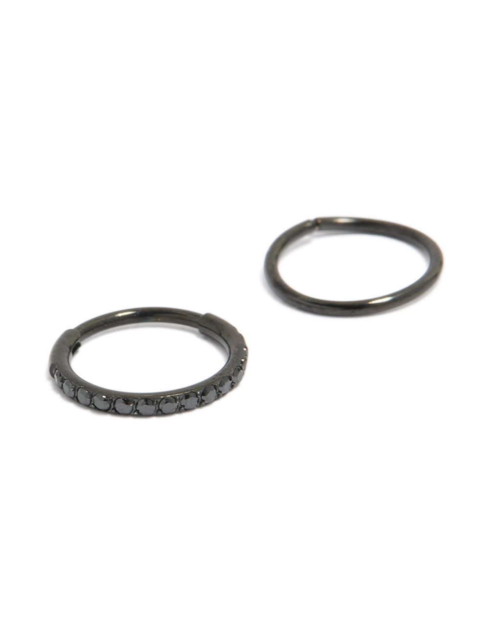 Black coated surgical steel cubic zirconia hinged nose rings pack in grey detail view