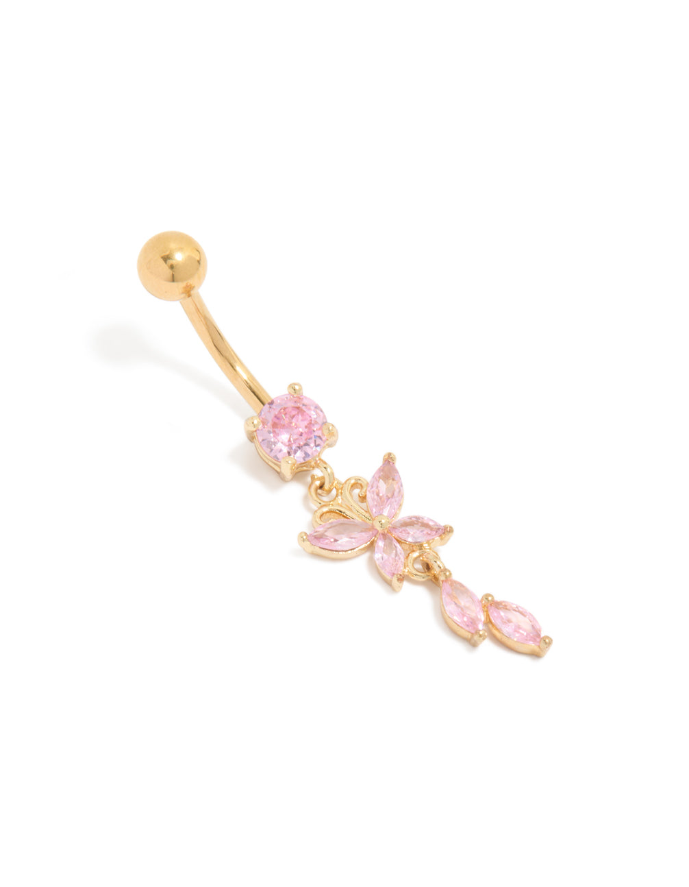 Featuring butterfly charm crafted from surgical steel with gold plated cubic zirconia in pink belly bar front view