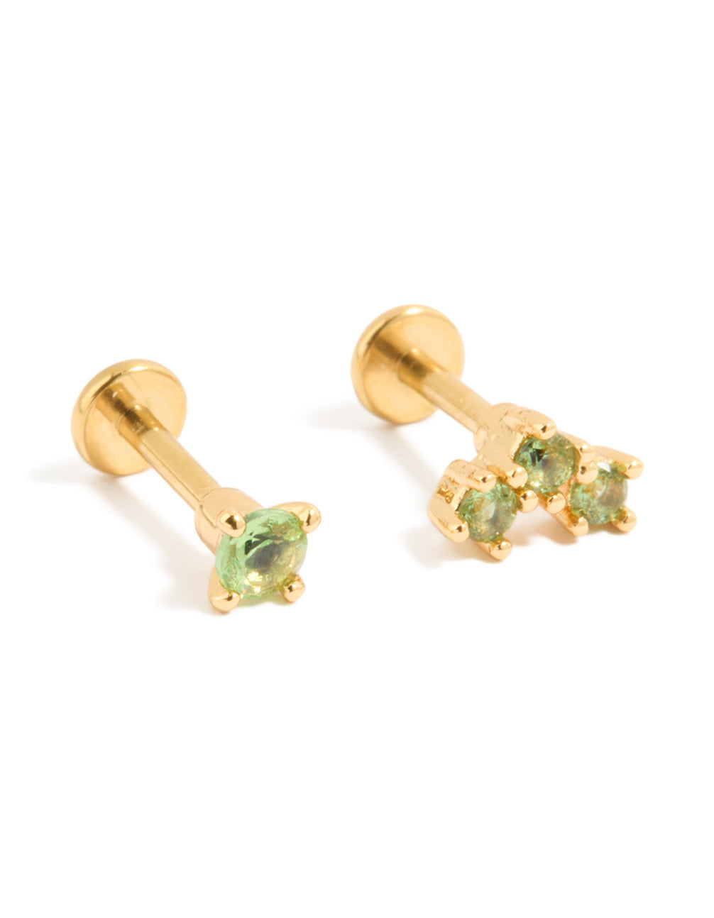 Showcasing gold plated titanium olive green cubic zirconia flat back studs front view