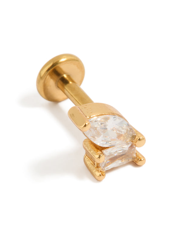 Showcasing a gold plated titanium cubic zirconia marquise and rectangle single flat back stud with clear stones front view