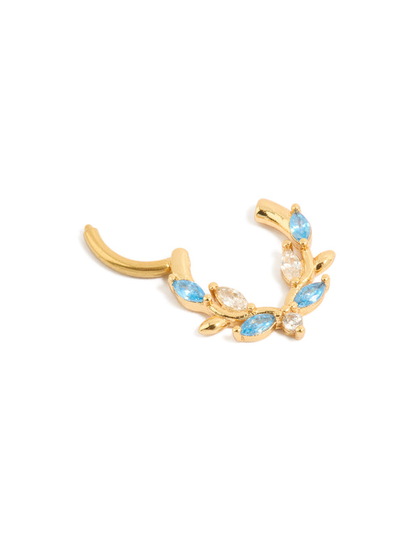 Designed vine gold plated titanium and blue cubic zirconia clicker ring detail view