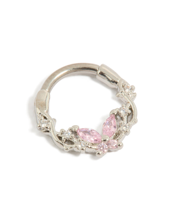 Showcasing a titanium pink cubic zirconia butterfly clicker ring with silver and light pink accents detail view