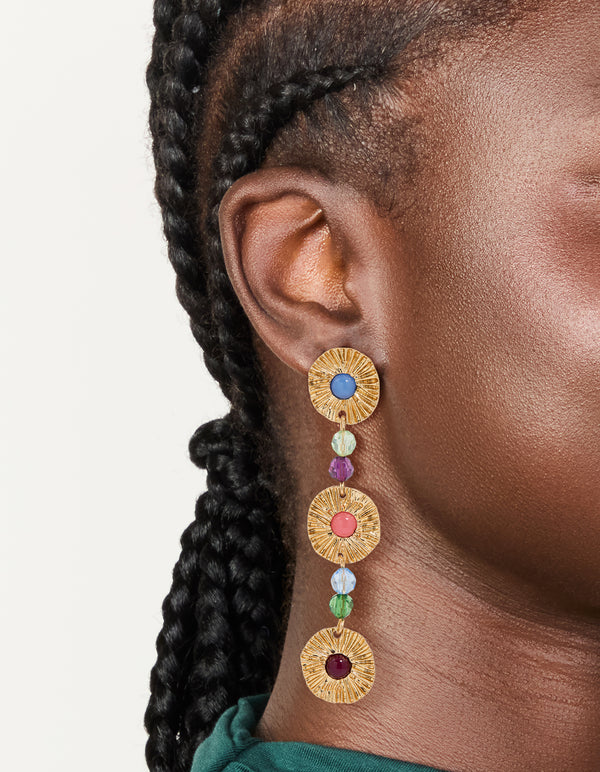 Gold Round Disc & Multicoloured Bead Drop Earrings