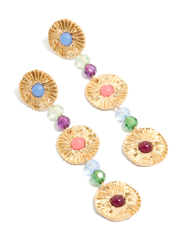 Showcasing statement drop earrings with round discs and multicoloured beads in gold, light blue, pink, and red front view