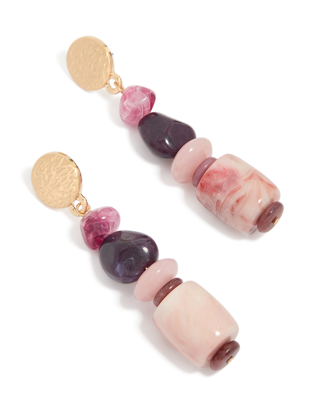 These chunky drop earrings feature irregular beads with charm accents and stud closure in pink and gold tones front view