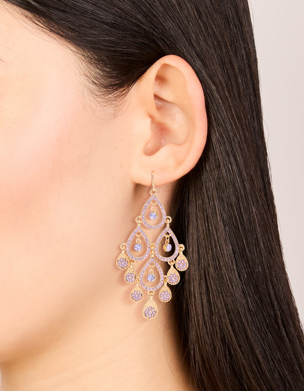 Gold Lilac Diamante Beaded Open Drop Earrings