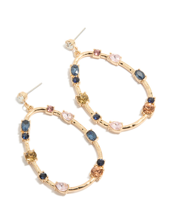 Showcasing statement earrings in an oval stone cut with blue, pink, and clear diamantes set in a gold open drop design front view