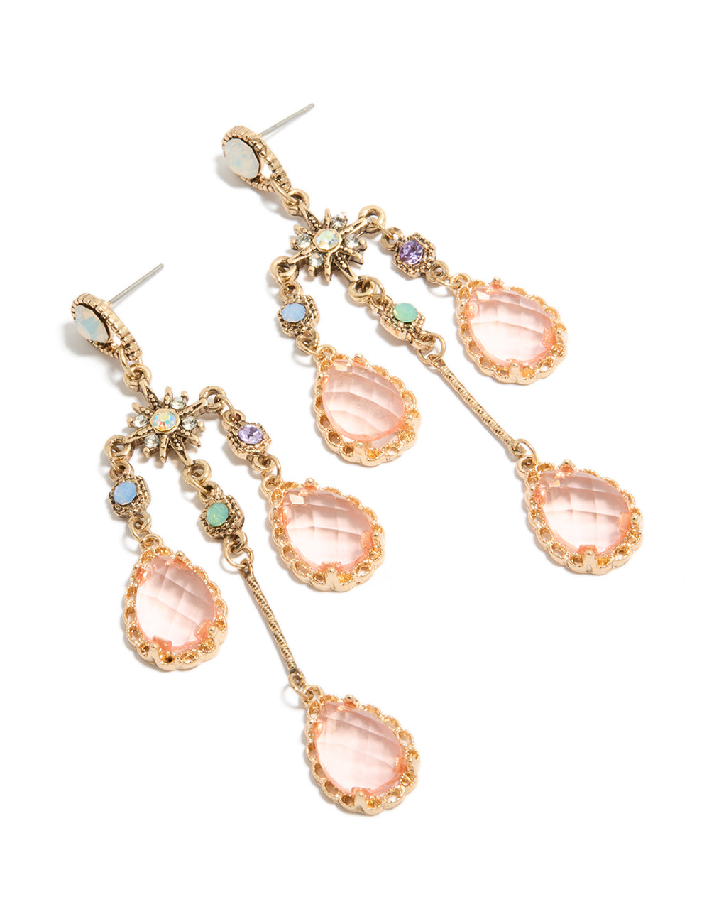 Showcasing long drop earrings with celestial star charms and irregular pink teardrop diamantes , featuring stud closure, statement style front view