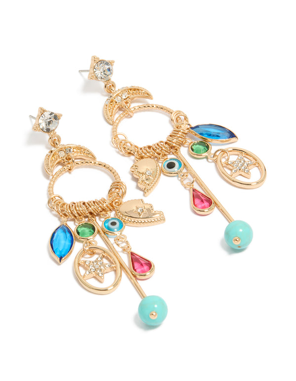 Beads Celestial Charm Evil-Eye Moon Star Gold Statement Earrings