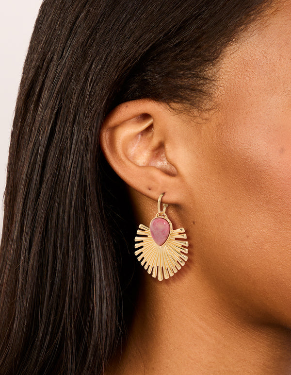 Gold Pink Stone Fanned Drop Earrings